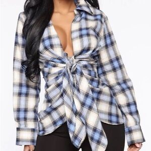 Fashion Nova Blue Plaid Tie-Front Shirt